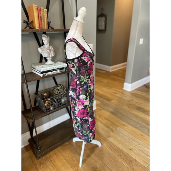 Marchesa Notte Floral Print Tea Length Sheath Midi Dress Black Womens 2 - Picture 9 of 16